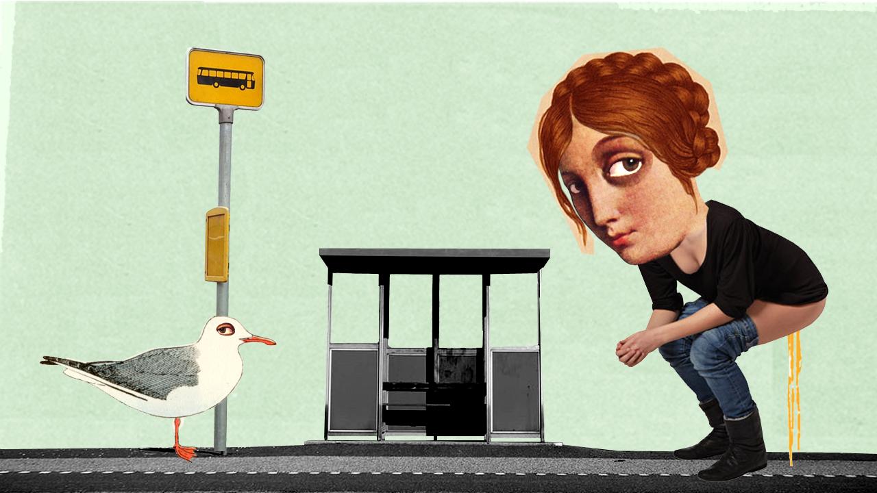 Illustration af kvinde, der tisser bag busskur